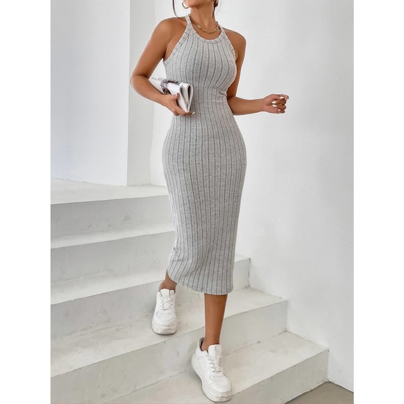 Solid Halter Neck ribbed knit midi Bodycon Dress gray 💙 - Picture 1 of 11